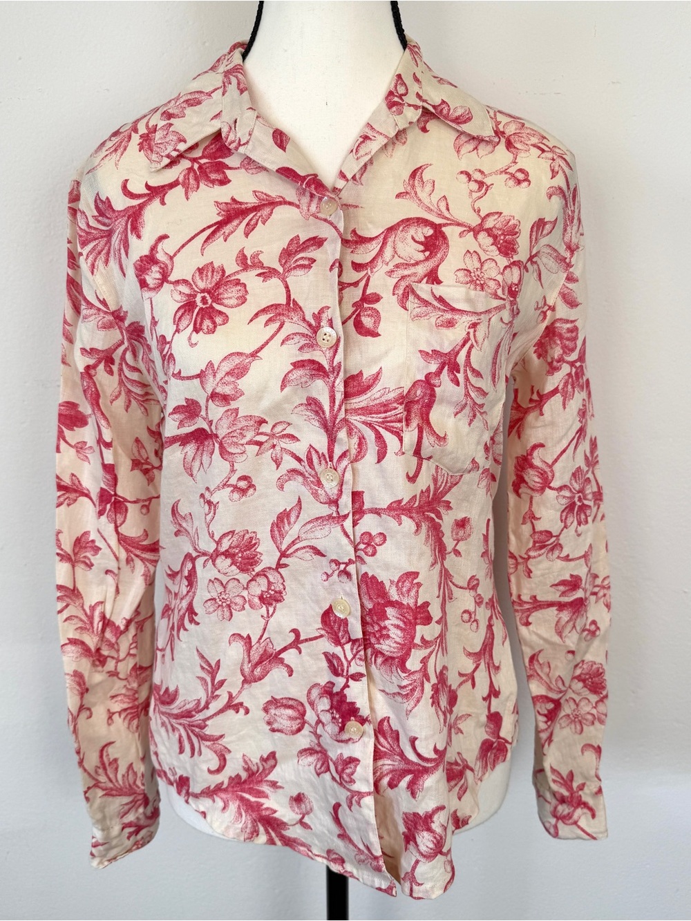 Laura Ashley Size 4 Pink Ivory Floral Linen Button Up Long Sleeve Shirt